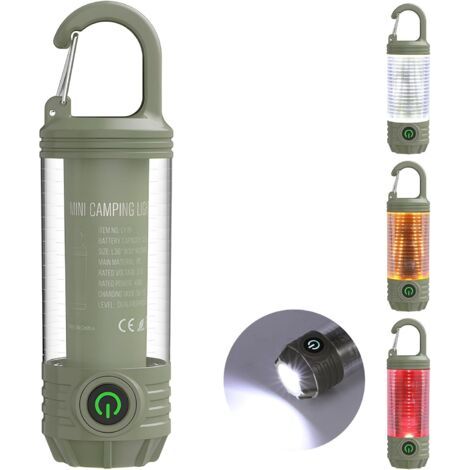 Lampe de camping rechargeable avec crochet, mini lampe de poche LED portable, 6 modes d'éclairage, lumière d'urgence étanche pour occultation, ouragan (vert foncé)