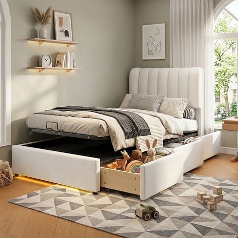 Cama canapé abatible 90x200 cm con iluminación LED, cama infantil con sistema hidráulico y 3 cajones de almacenaje, terciopelo suave y somier de láminas, Beige (1/5)