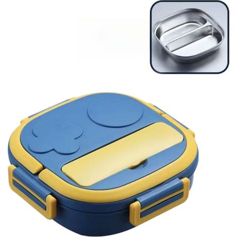 Contenitore termico per il pranzo, in acciaio inox, con tre scomparti, a tenuta stagna, di colore blu.