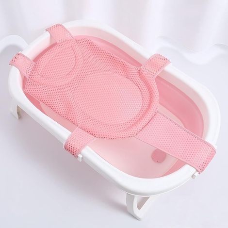 Tapis de bain pour bébé, avec maille réglable, antidérapant avec ceinture de sécurité, pour nouveau-né (Bleu, Rose) (1/5)