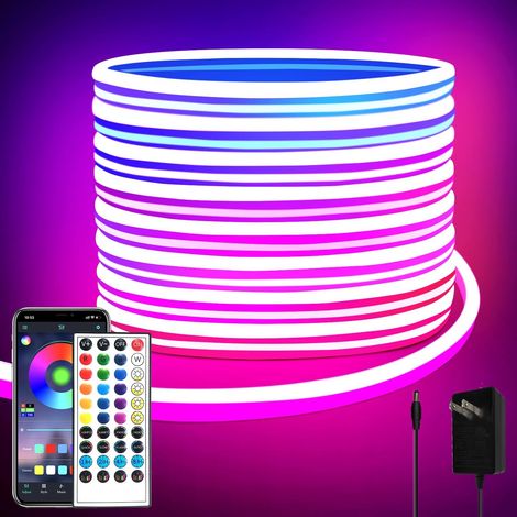 Guirlande lumineuse néon LED RGB 24 V de 5 m (16,4 pi) - Lumières multicolores flexibles et étanches avec télécommande/application, style moderne pour chambre et décoration de Noël extérieure