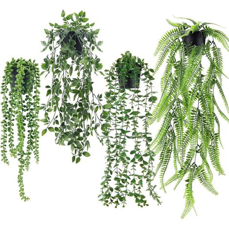 Lot de 4 plantes artificielles en pot - Petites plantes suspendues en plastique pour décoration intérieure de maison, pièce, mur, étagère