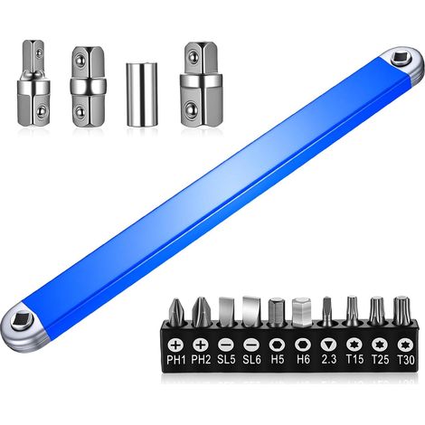 Clé d'Extension Décalée Multifonction avec Rallonge Dynamométrique ClePlate a Cliquet, Rallonge Cliquet,Adaptateurs carrés 1/2", 1/4" et 3/8", 10 embouts, 1 douille 1/4" (1/5)