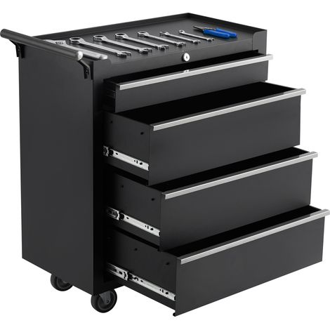 Coffre à outils roulant professionnel 4 tiroirs – Rangement sécurisé avec tiroirs coulissants, plateau de protection, armoire verrouillable – Idéal garage, atelier, entrepôt – Boîte à outils noire (1/5)