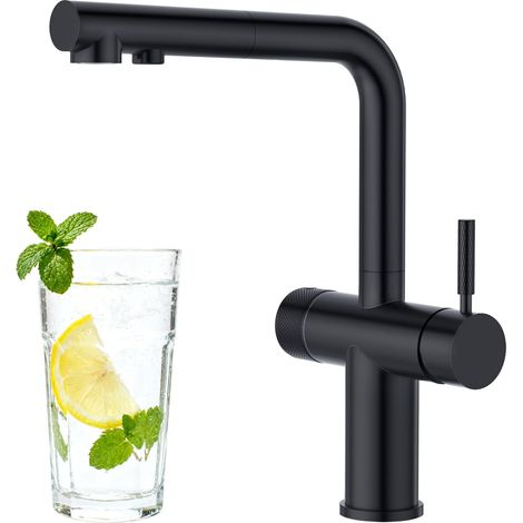 Robinet de cuisine 3 voies avec douchette extensible, mitigeur à double levier, robinet d'évier, robinet d'eau potable pour cuisine en acier inoxydable noir pour osmoseur inverse et filtre à (1/5)
