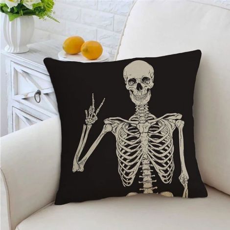 Housse de coussin décorative en lin noir avec motif tête de mort - Pour canapé, lit, voiture, chaise, salon - 45 x 45 cm (1/4)