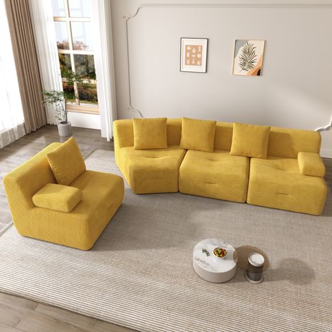 Divano modulare 4 posti in velluto a coste giallo 311x90x65 cm senza montaggio OKWISH (1/5)