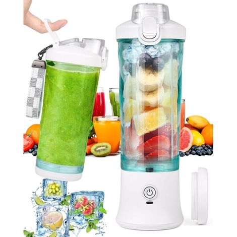 Tragbarer 600-ml-Smoothie-Mixer mit 6 Klingen und 4000-mAh-Akku. Der Mini-Mixer mixt bis zu 25 Tassen Saft und ist ideal für Büro, Camping und Reisen. Farbe: Weiß.
