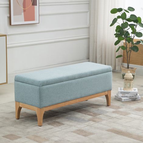Banco tapizado con almacenamiento, banco de interior con almacenamiento, tela con efecto lino y madera, diseño escandinavo, elegante, 110x39x45cm, azul