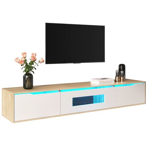 Mueble TV con Puertas Ranuradas y LED 16 Colores, Blanco Brillo y Efecto Madera, 180×35×30 cm, de Aglomerado (1/5)