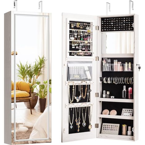 GOPLUS Armoire à Bijoux Murale avec Miroir sans Cadre LED écran Tactile,avec étagère de Rangement,Serrure,Miroir Intérieur,Blanc (1/4)