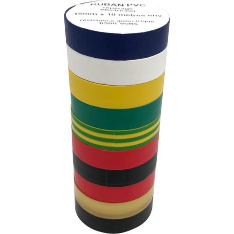 Lot de 10 rouleaux rubans adhésifs PVC isolant 15 mm x  L. 10 mètres "Spécial éléctricien" - Coloris assortis - D-Work