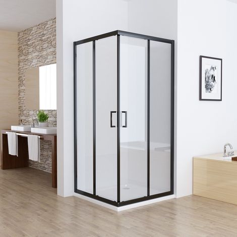MIQU Duschkabine Eckeinstieg Duschwand mit Doppel Rollen Schiebetür, 5mm ESG Sicherheitsglas, Komplett Glas Dusche Duschabtrennung Höhe 185cm, Schwarz 90x90 cm mit Duschwanne (1/5)