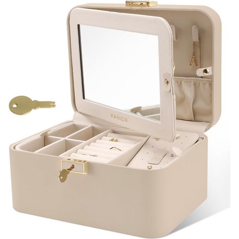 Schmuckkästchen mit Spiegel und Schloss, 2-stöckig, Beige (1/5)