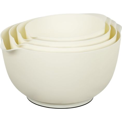 Lot de 4 bols mélangeurs en plastique sans BPA, beige, avec bec verseur, fond et poignée antidérapants, empilables, passent au lave-vaisselle et au micro-ondes, parfaits pour la cuisson (1/5)