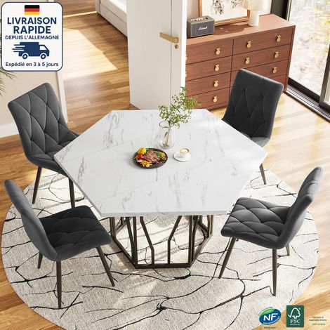 Mesa de comedor hexagonal 115,5x100x75 cm, base de metal negro, carga 60 kg, MDF y metal, blanco y negro (1/5)
