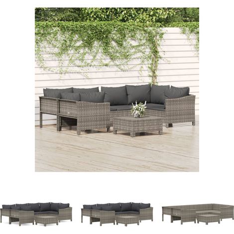Poly Rattan - vidaXL 7-tlg. Garten-Lounge-Set mit Kissen Grau Poly Rattan - Gartensofa (1/5)