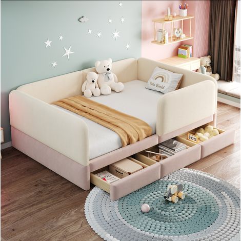 Letto per bambini 140x200 cm con bordi imbottiti e 3 cassetti contenitore, struttura stabile, velluto beige e rosa (1/5)