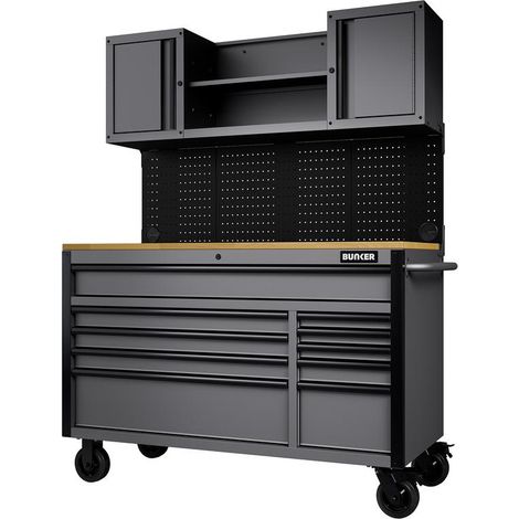 Draper 31761 BUNKER 10 Drawer Roller Workstation with Workbench, 56"", Light Grey