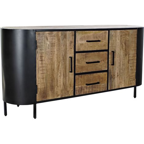 Buffet meuble de rangement en bois de manguier et métal coloris noir / marron - Longueur 166 x Hauteur 81.5 x Profondeur 42 cm -PEGANE- (1/4)