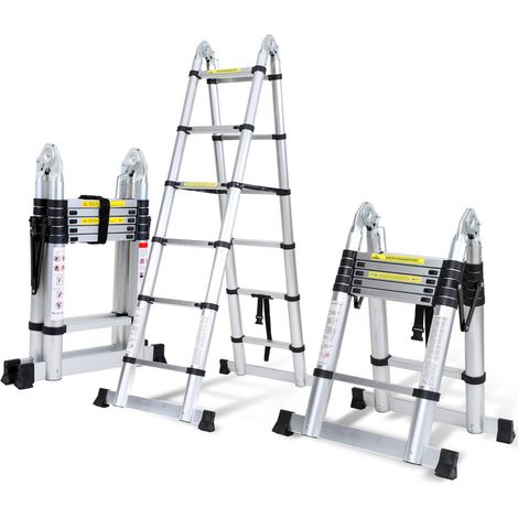 SWANEW Échelle télescopique Aluminium 1,9m+1,9m Argent sans crochet Avec stabilisateur Avec roues charge max. 150 kg (1/5)