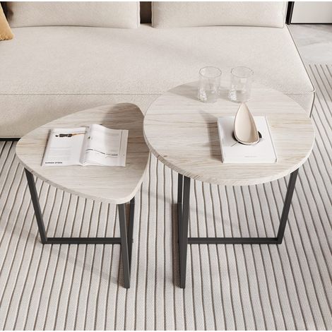 Couchtisch rund 2er Set aus Spanplatte und Edelstahl, American White Oak, platzsparend (1/5)