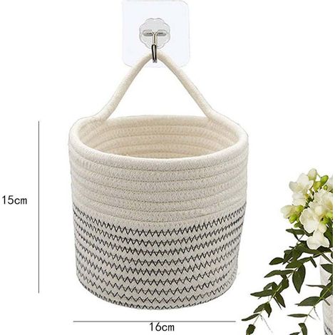 Panier suspendu en treillis métallique blanc et noir, corde en coton faite à la main, 1615 cm, panier mural avec croche (1/5)