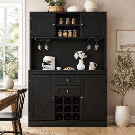 Credenza con ripiani regolabili e portabottiglie, 120 x 40 x 188 cm, Nero HAVRYA (1/5)