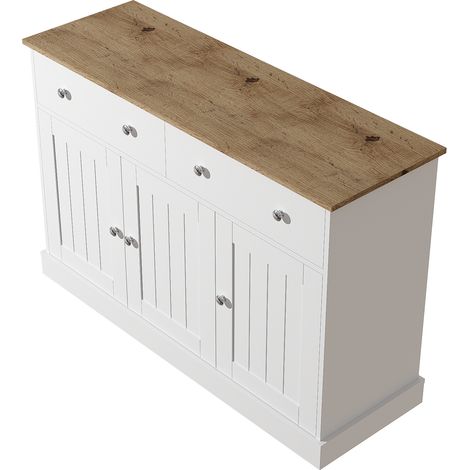ELVMI Credenza con 3 Ante e 2 Cassetti, Frontali con texture goffrata per Soggiorno, in Pannelli di particelle, 120 × 36 × 80.5 cm, Bianco (1/5)
