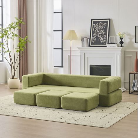 Divano letto modulare in schiuma verde con rivestimento chenille, multifunzione con 3 poggiapiedi, sfoderabile (1/5)