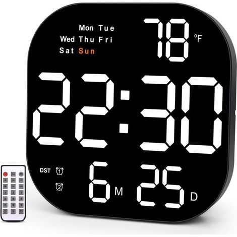 Grande horloge murale, horloge murale numérique 10,55" affichage LED, jour de la semaine, date, heure d\'été, minuterie, température, 12/24h, horloge pour salon, bureau à domicile (1/4)