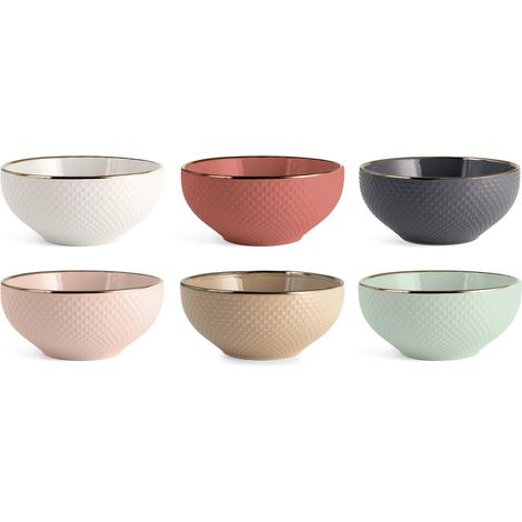 H&H Set di 6 Bowl/Ciotole Colazione Dots 670 cc – Stoneware, Colori Pastello Assortiti, Adatte Lavastoviglie e Microonde, Con Effetto Bronzo su Manici e Bordi (1/5)