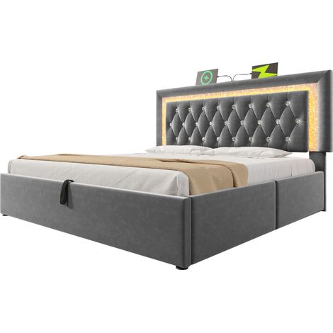 Lit coffre 140x200 cm Lit capitonné velours avec LED et USB/Type-C - Sommier inclus - Rangement hydraulique et tête de lit diamant - Gris (1/5)