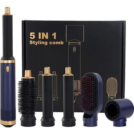 5-in-1 Airbrush-Haartrockner-Set, Gold und Schwarz, automatischer Lockenstab mit 3 Wind- und Temperaturstufen (Trocknen, Locken, Glätten)