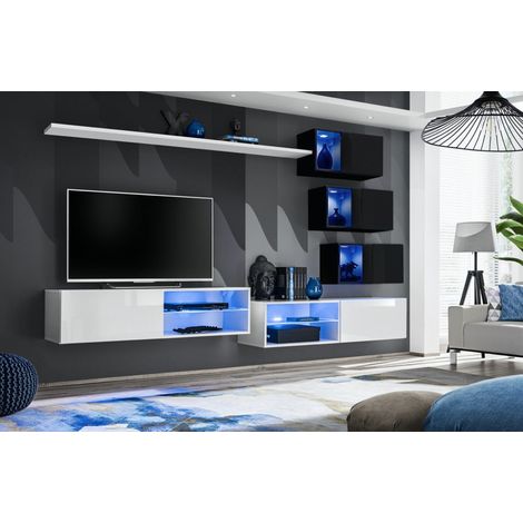Ensemble meuble TV mural Switch XXIV - L 260 x P 40 x H 170 cm - Blanc et noir - Livraison gratuite