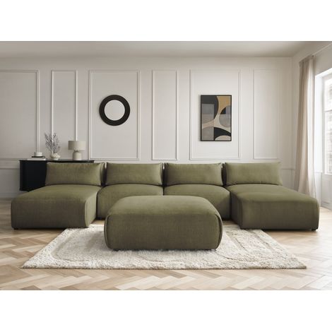 BOBOCHIC - Canapé panoramique fixe modulable avec têtières JANA tissu velours avec 2 méridiennes, 2 chauffeuses et 1 grand pouf   Vert