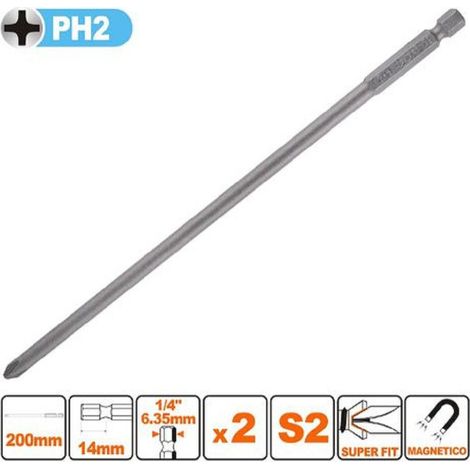 Trade Shop - KIT 2PEZO BITS DA 200MM GAMBO 1/4" 6.35MM S2MAGNETICA CROCE TESTA PH2 57249 - (1/2)