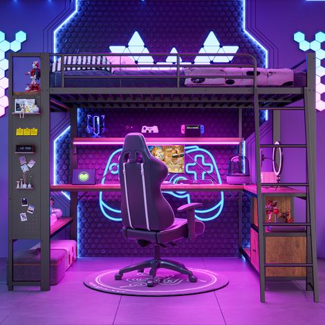 Lit mezzanine 140 x 200 cm avec LED, bureau, étagères, stockage et prises USB,noir (1/5)