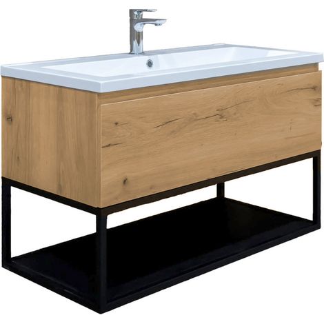 Ensemble meuble avec vasque en marbre coulé et cadre - SAT - B-Way - 99x57x45 - Chêne (1/3)