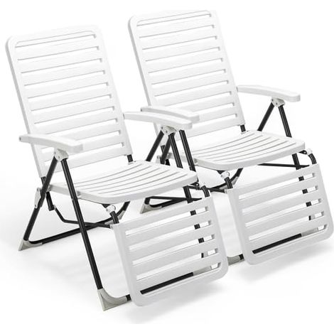 GOPLUS Lot de 2 Chaises Longue Pliante Réglables à 7 Positions Charge 120KG-avec Dossier et Repose-Pieds Blanc (1/5)