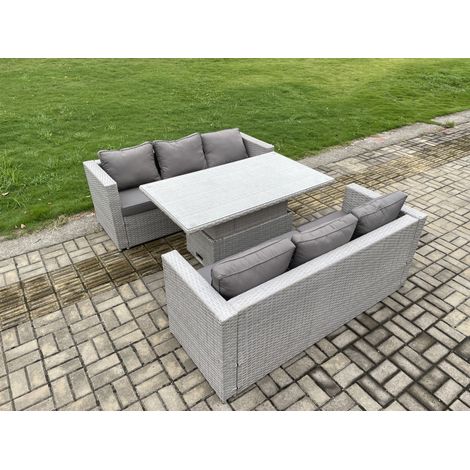 Fimous Rattan Outdoor Garden Funiture Set Height Adjustable Rising Lifting Table Sofa Dining Set with Light Grey (1/5)