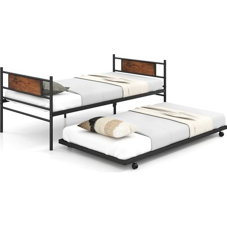 COSTWAY Metal Daybed with Pull-out Trundle Single Sofa Guest Bed w/Headboard (1/5)