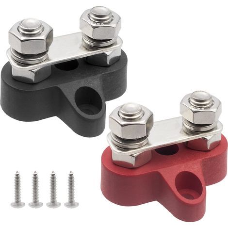 Bornier de barre omnibus Bloc de jonction de Mise à la Terre de l'alimentation par Batterie Goujons Doubles M8 Bornes Robustes de 5/16" pour bateau, RV et camions solaires - Noir et rouge (1/5)