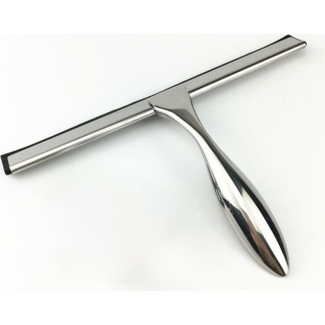 Silver stainless steel glass squeegee, 25 x 16.5 cm, bathroom cleaning tool. (1/5)
