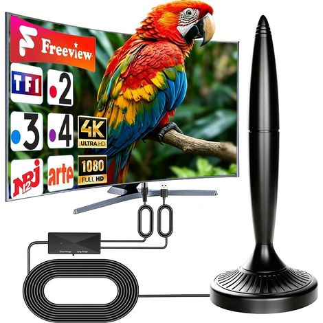 Antenne Interieur TNT Puissante avec Réception omnidirectionnelle 360°  Fort Base Magnétique, Amplificateur Signal, réception stable chaînes gratuites, équipée d’un câble coaxial de 5m (1/5)
