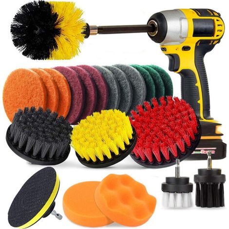 22 Pièces Brosse De Nettoyage Pour Perceuse,Attachement Brosse De Perceuse Électrique Kit Nettoyage De La Salle De Cuisine Bain Carrelage Coulis Tapis De Sol Voiture Gommage Grill Turbo (1/4)
