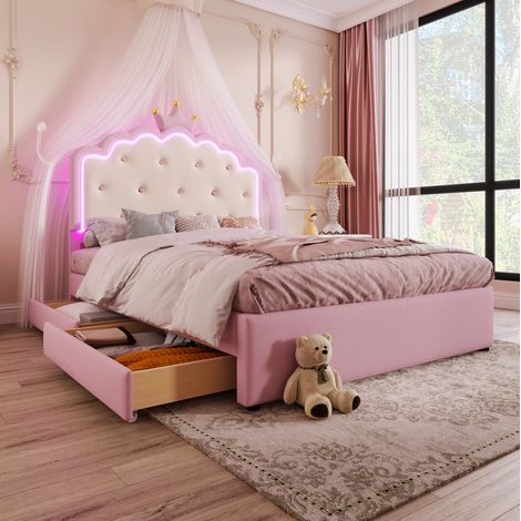 MEUBLIV Bett 140x200 cm rosa – LED, Ausziehbett und 2 Schubladen, ohne Matratze (1/5)