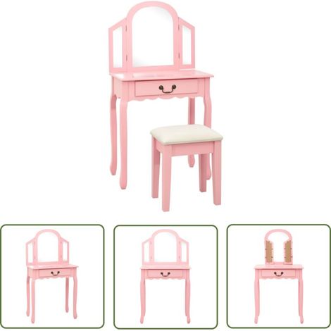 The Living Store Coiffeuse et tabouret Rose 65x36x128 cm Bois de paulownia MDF - Coiffeuse - Meuble De Salle De Bain - Vanity - Miroir Rond - Table De Maquillage