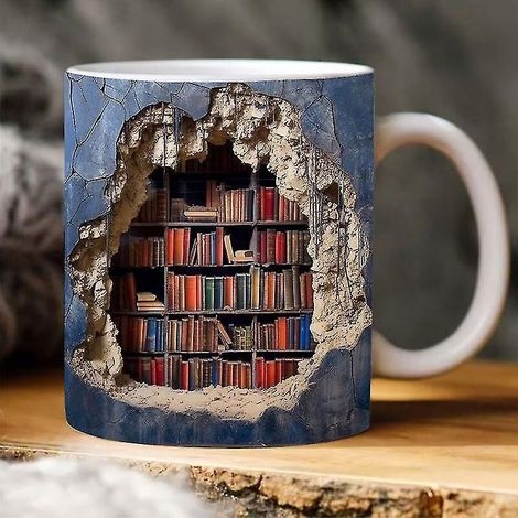 Mug bibliothèque 3D, tasse étagère de bibliothèque, mug bibliothèque créatif à effet 3D, mug à café pour amoureux des livres, mug bibliothécaire, un cadeau pour lecteur. (1/5)
