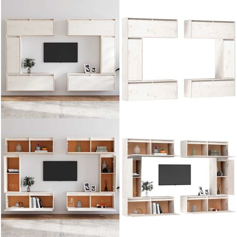 Meubles TV 6 pcs Blanc Bois massif de pin - Meuble Tv - Meuble Suspendu - Rangement Mural - Bibliothèque Murale - Décoration Murale - Home & Living (1/5)